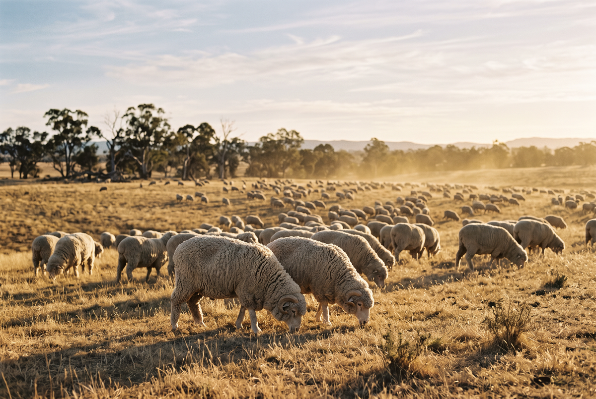 Sheep on dry golden grassland in low sun