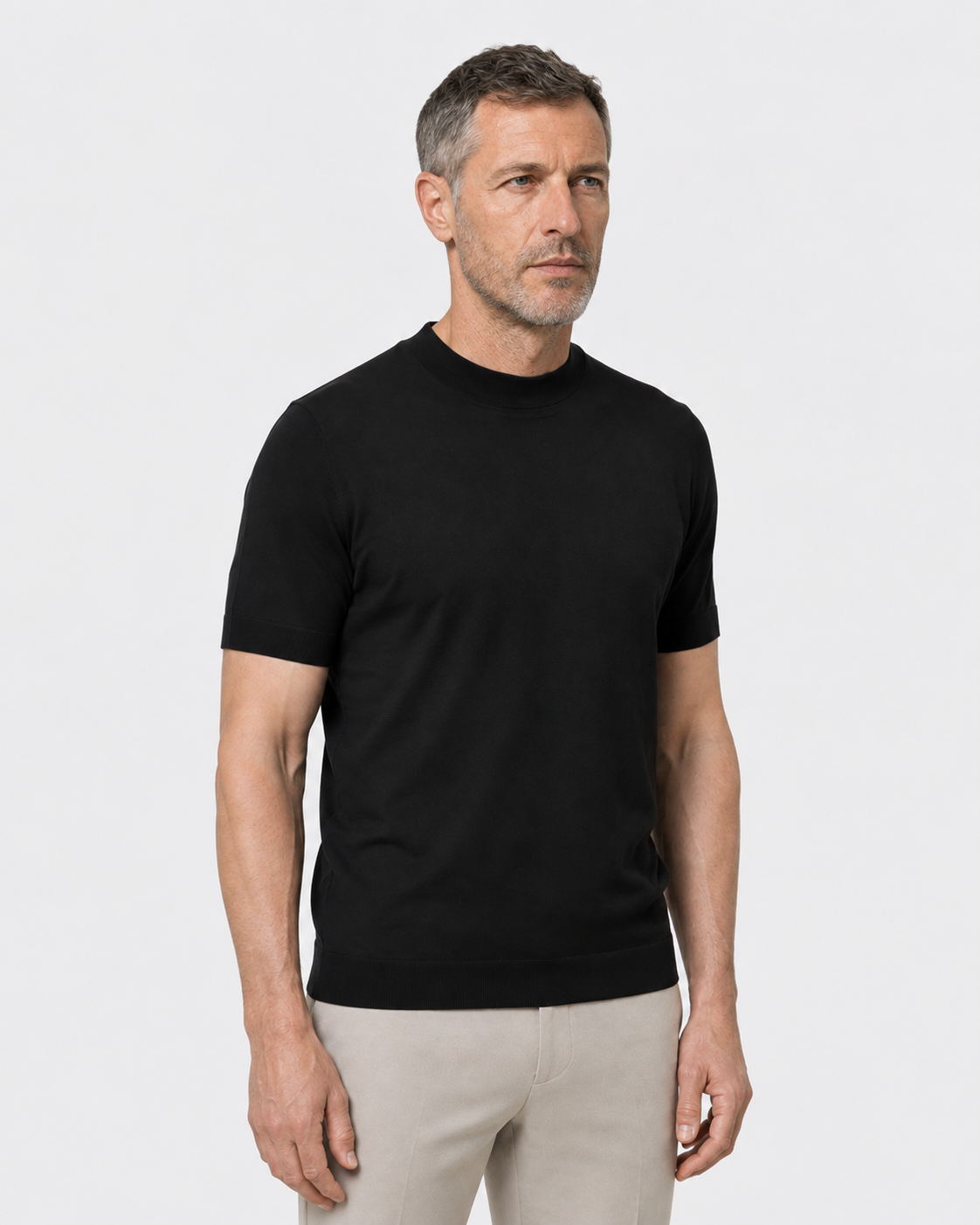 Short-Sleeve Mock Neck, Black, threequarter-right