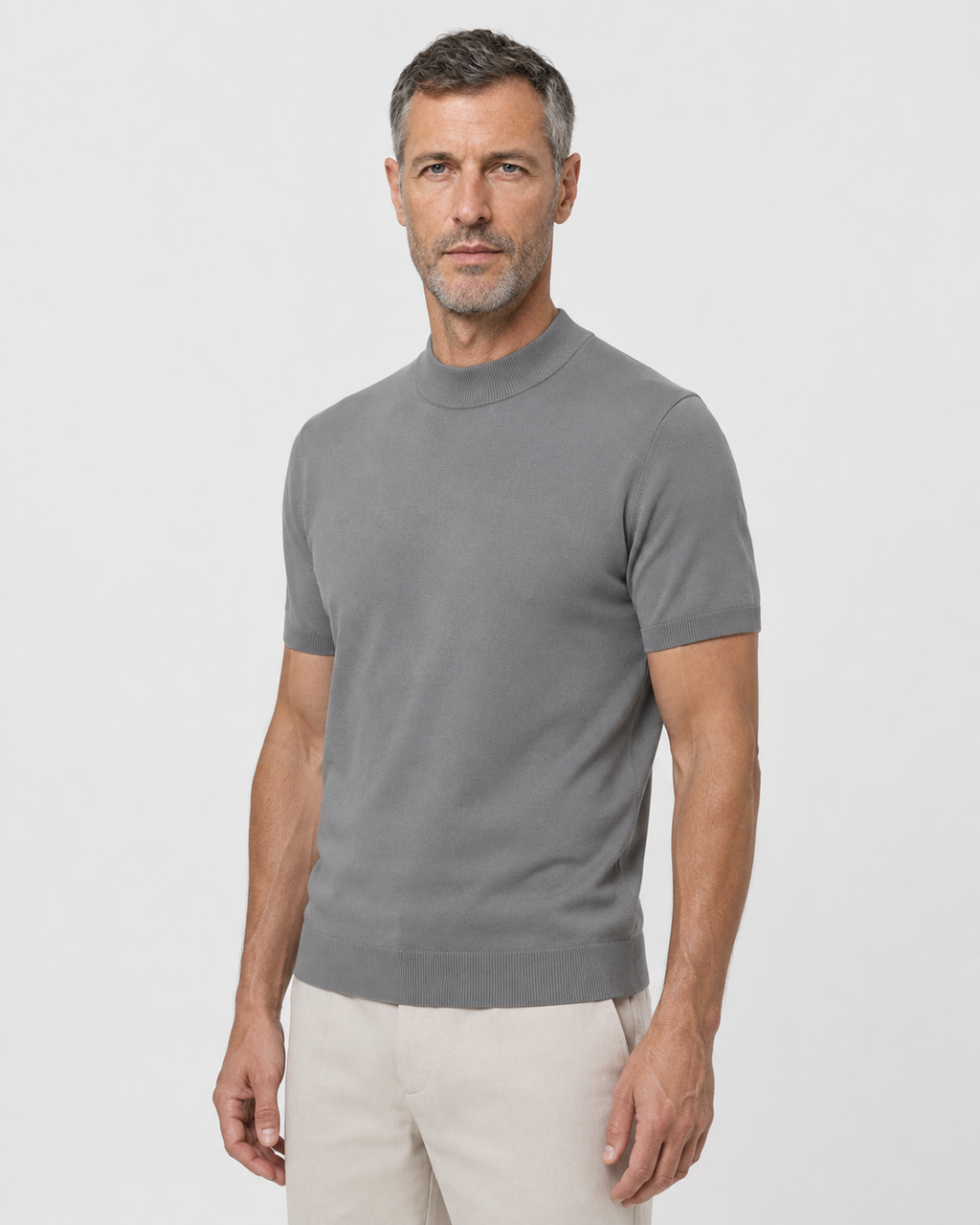 Short-Sleeve Mock Neck, Medium grey, threequarter