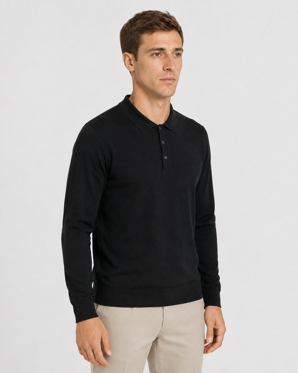 Long-Sleeve Polo, Black, threequarter-right