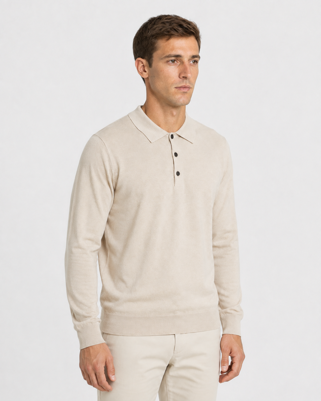 Long-Sleeve Polo, Light oatmeal, threequarter-right