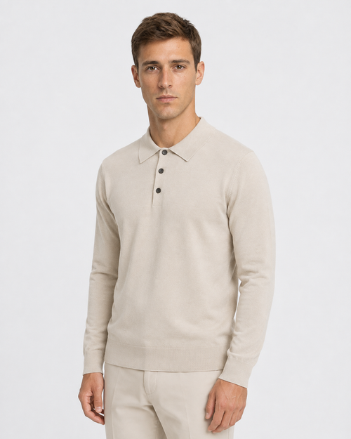 Long-Sleeve Polo, Light oatmeal, threequarter