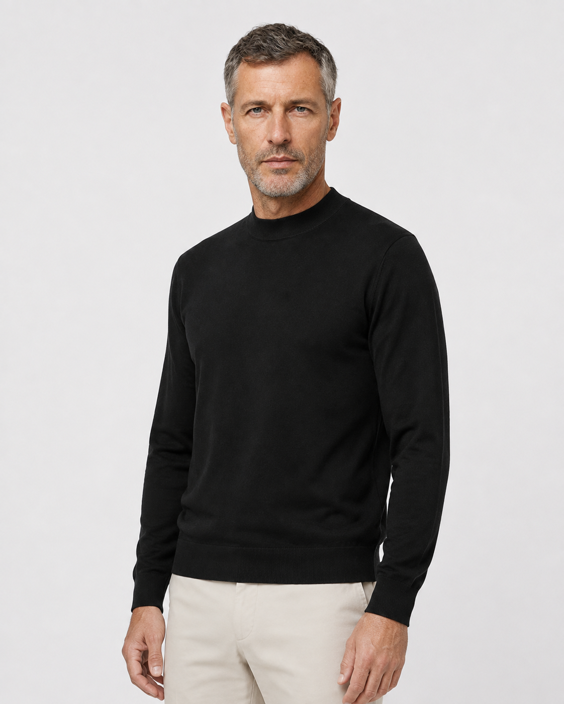 Long-Sleeve Mock Neck, Black, threequarter